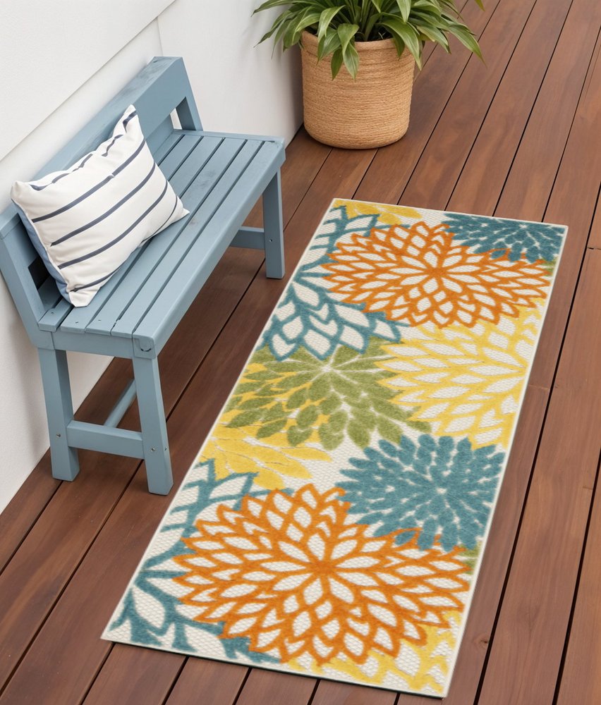6' Blue And Yellow Indoor Outdoor Runner Rug