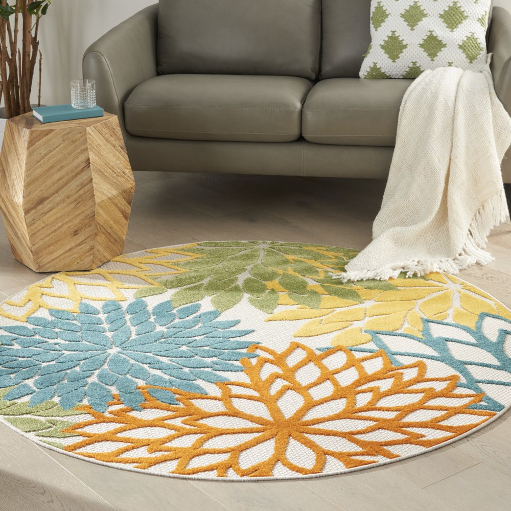 4' Blue And Yellow Round Indoor Outdoor Area Rug