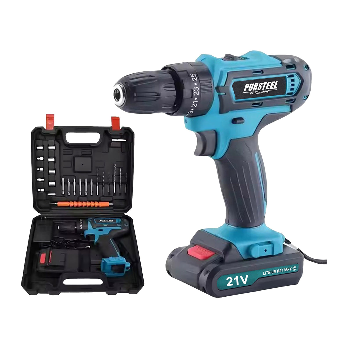 Pursonic 21V Rechargeable Cordless Drill 24 Piece Set – Compact Power for Home & DIY Projects