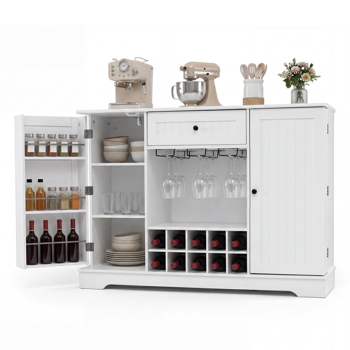 47.2 Inch Sideboard Cabinet with Door Shelves and 10-Bottle Wine Rack-White