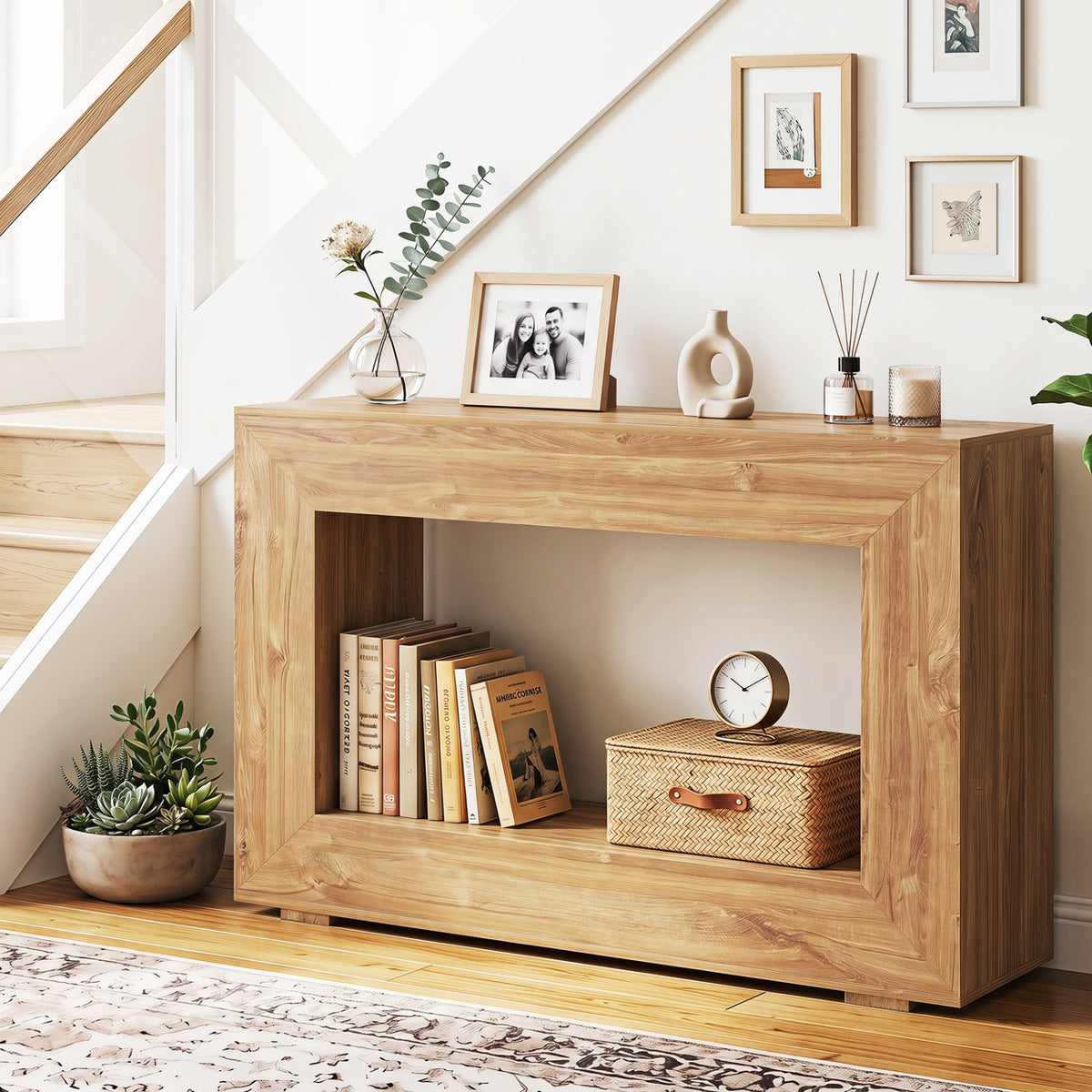 47" 2-Tier Farmhouse Console Table with Open Storage Shelf for Living Room-Natural