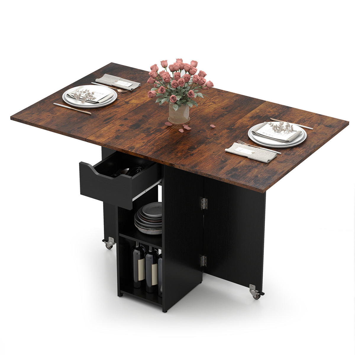 47.5 Inch Farmhouse Extendable Wooden Dinner Table with Lockable Wheels-Rustic Brown