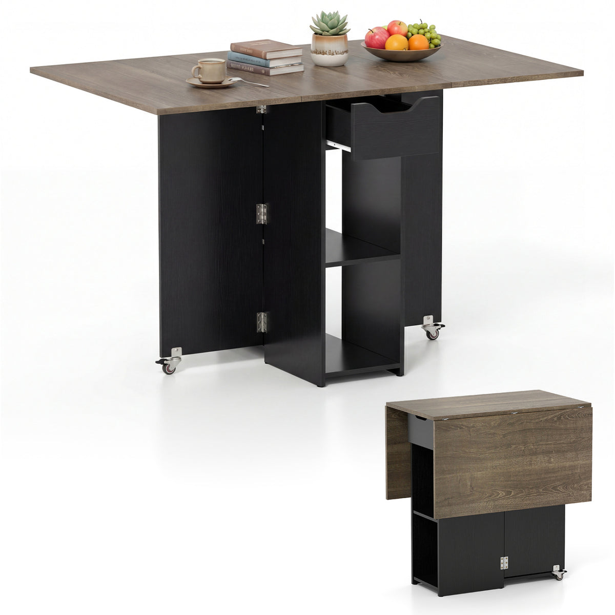 47.5 Inch Farmhouse Extendable Wooden Dinner Table with Lockable Wheels-Oak