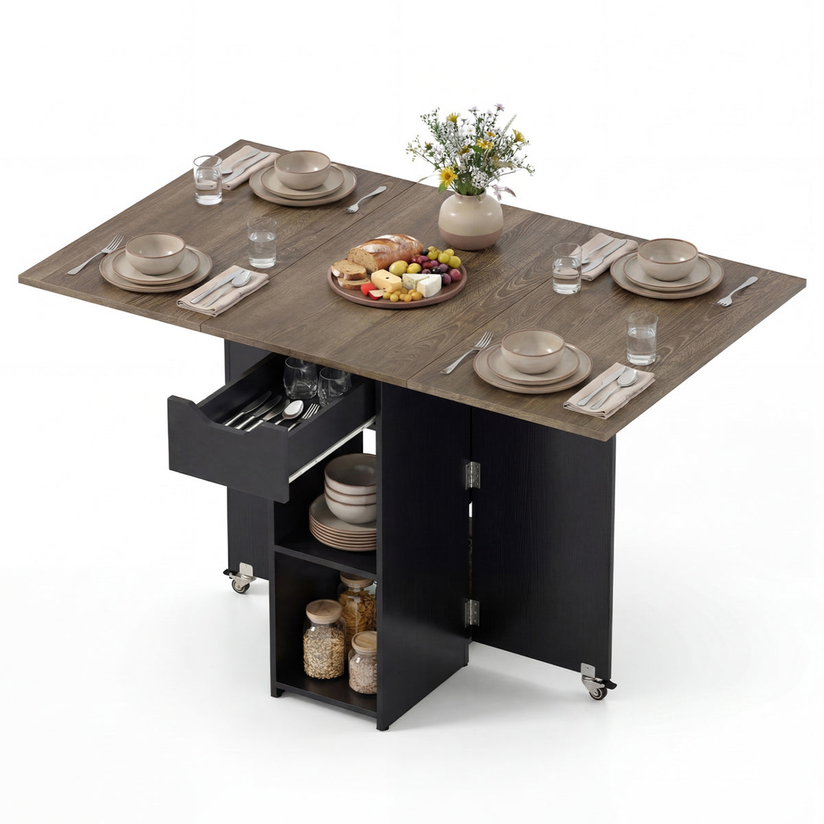 47.5 Inch Farmhouse Extendable Wooden Dinner Table with Lockable Wheels-Oak