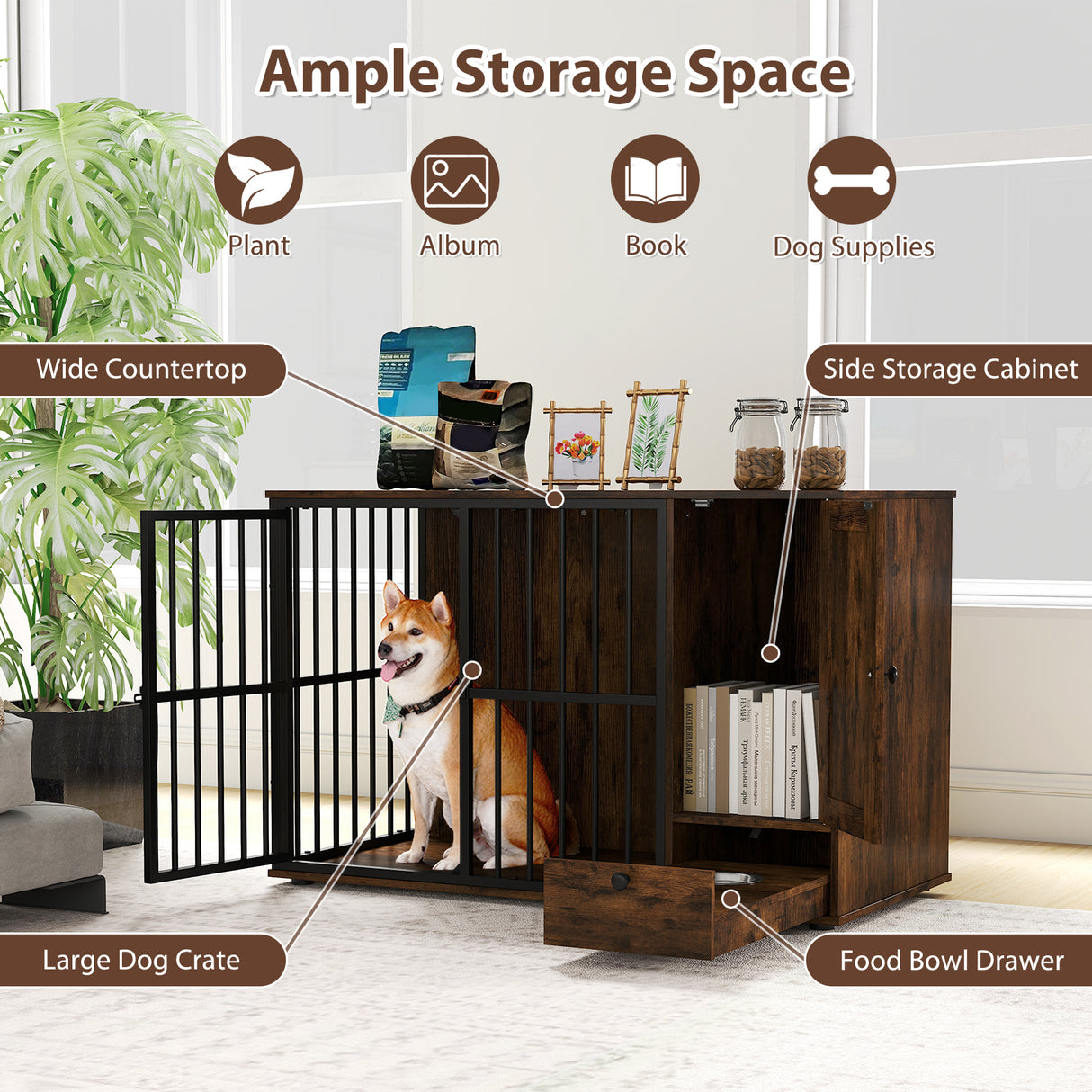47.5 inch Dog Crate Furniture with Hidden Pull-out Bowls in Drawer for Small and Medium Dogs-Rustic Brown