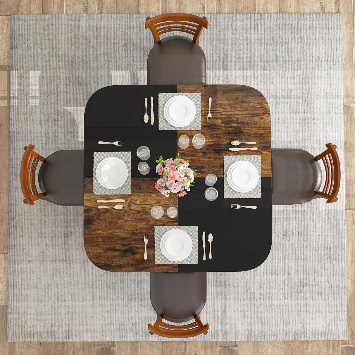 47.5 inch Modern Dining Table Square Kitchen Table with Mix-colored Tabletop-Rustic Brown