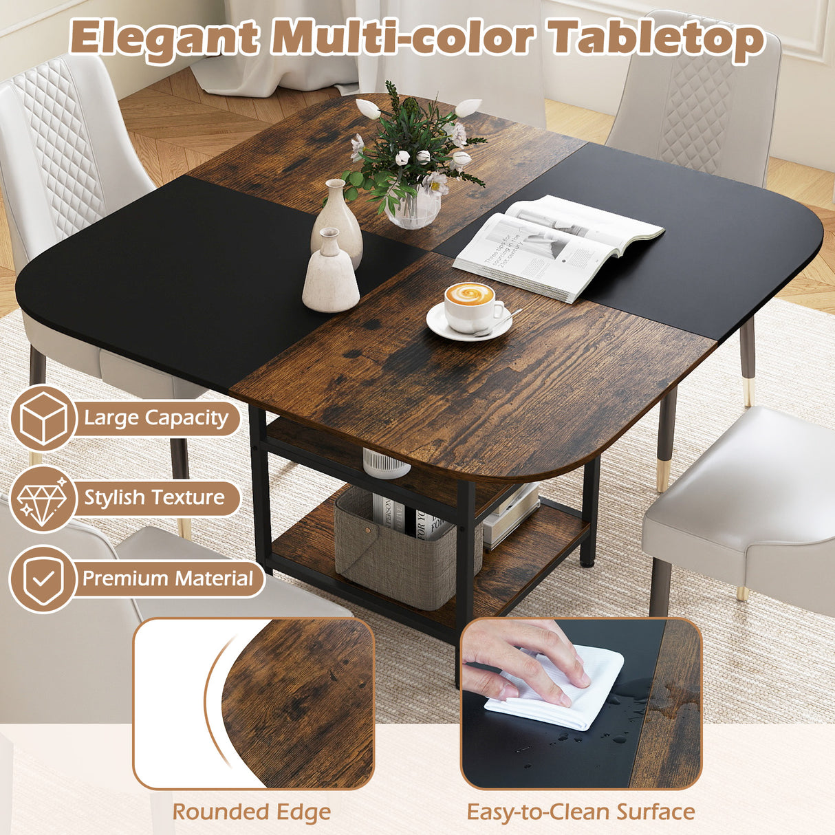 47.5 inch Modern Dining Table Square Kitchen Table with Mix-colored Tabletop-Rustic Brown