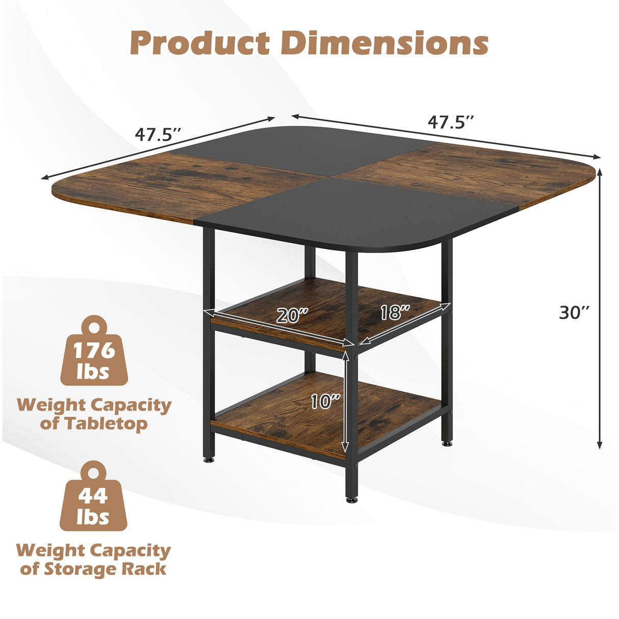 47.5 inch Modern Dining Table Square Kitchen Table with Mix-colored Tabletop-Rustic Brown