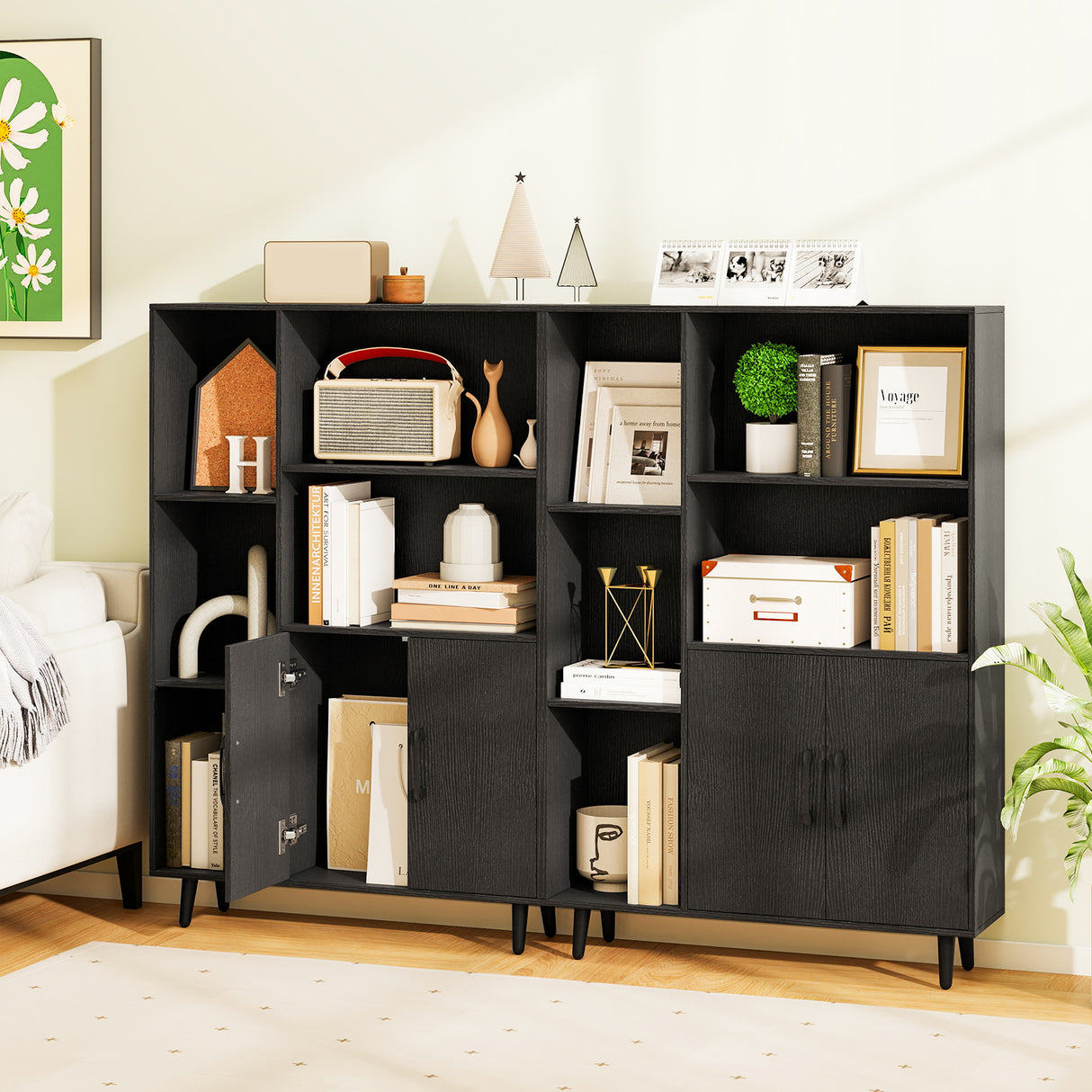 4 Inch Floor Bookshelf with 5 Open Compartments and Storage Cabinet-Black