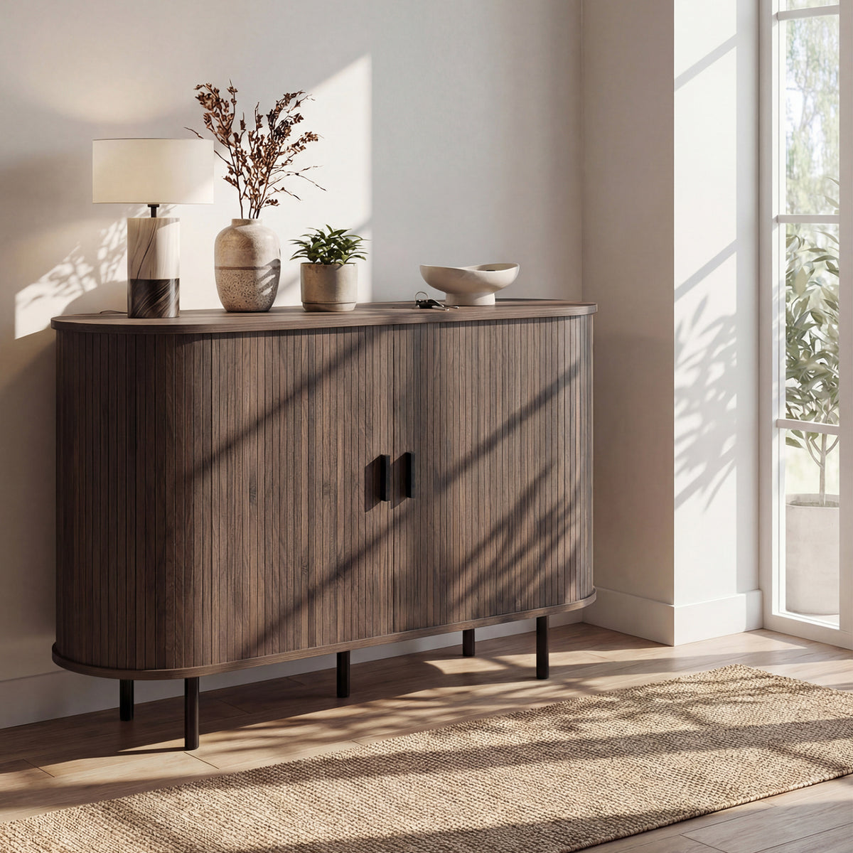 47 Inch Fluted Sideboard Buffet Cabinet with Tambour Sliding Doors and Metal Legs-Walnut