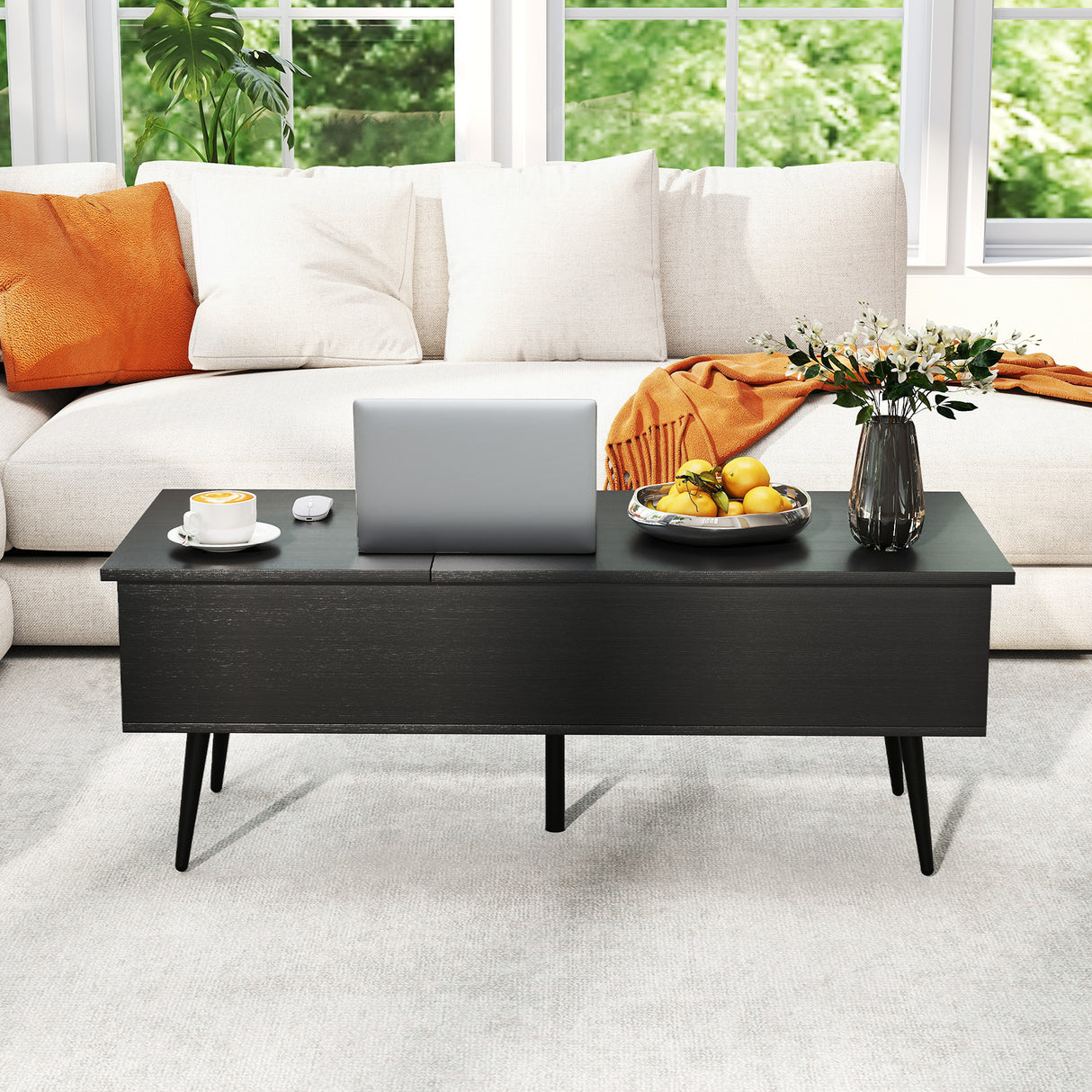 47 Inch Lift Top Coffee Table with 2 Hidden Compartments-Black