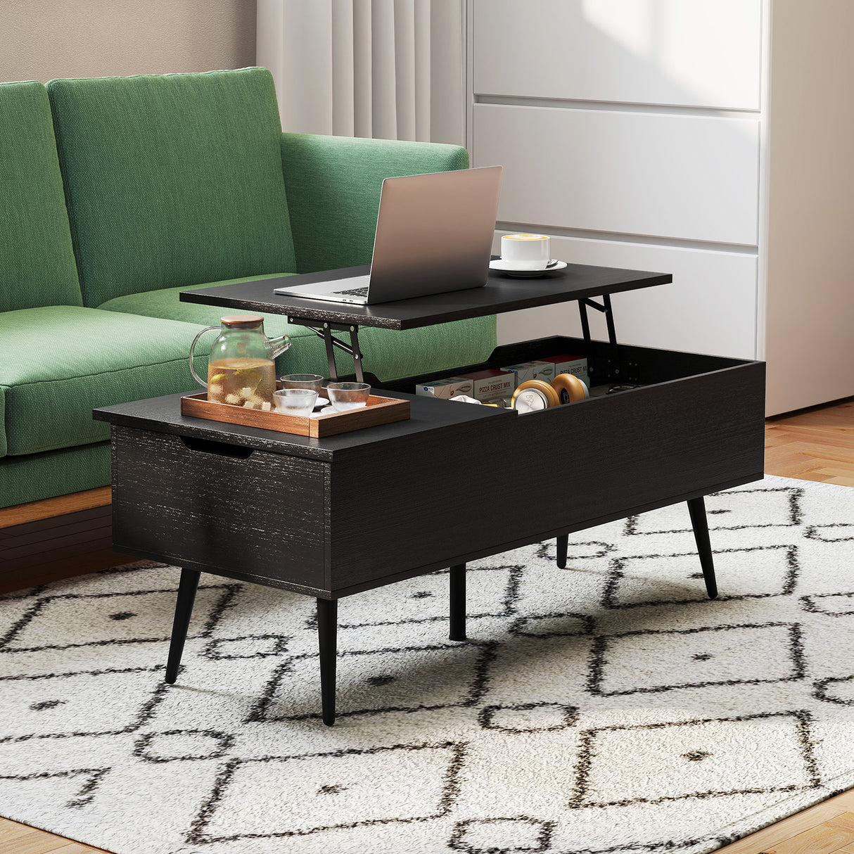 47 Inch Lift Top Coffee Table with 2 Hidden Compartments-Black