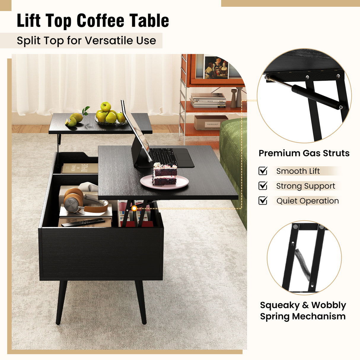 47 Inch Lift Top Coffee Table with 2 Hidden Compartments-Black