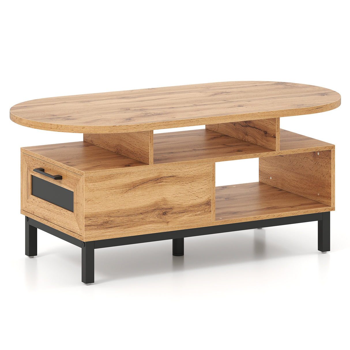 47 Inch Oval Coffee Table with Storage and Open Compartments for Living Room-Natural
