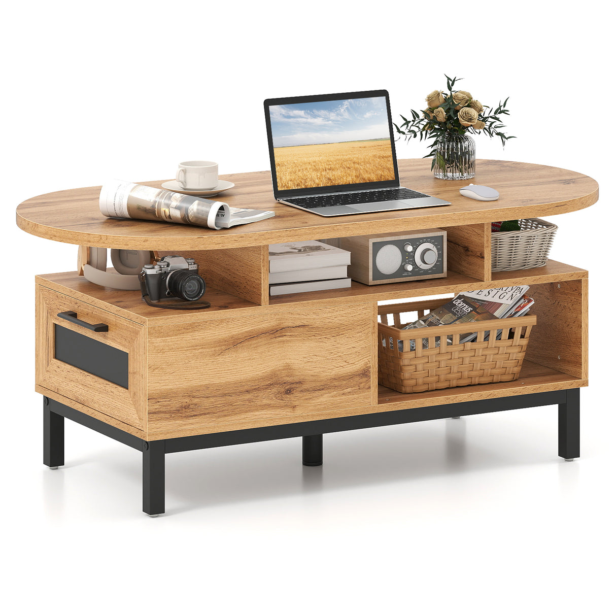 47 Inch Oval Coffee Table with Storage and Open Compartments for Living Room-Natural