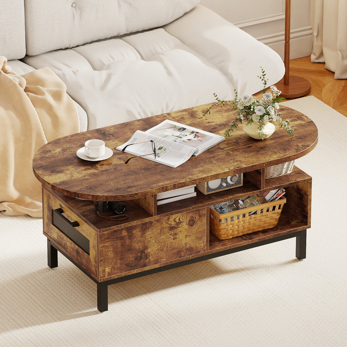 47 Inch Oval Coffee Table with Storage and Open Compartments for Living Room-Rustic Brown