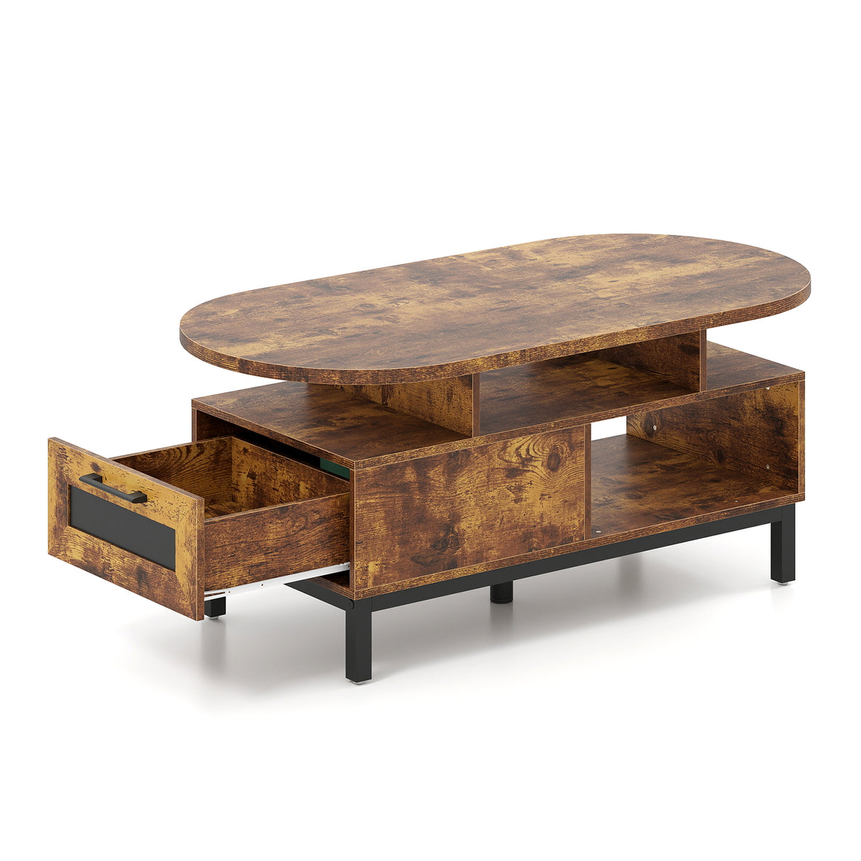 47 Inch Oval Coffee Table with Storage and Open Compartments for Living Room-Rustic Brown