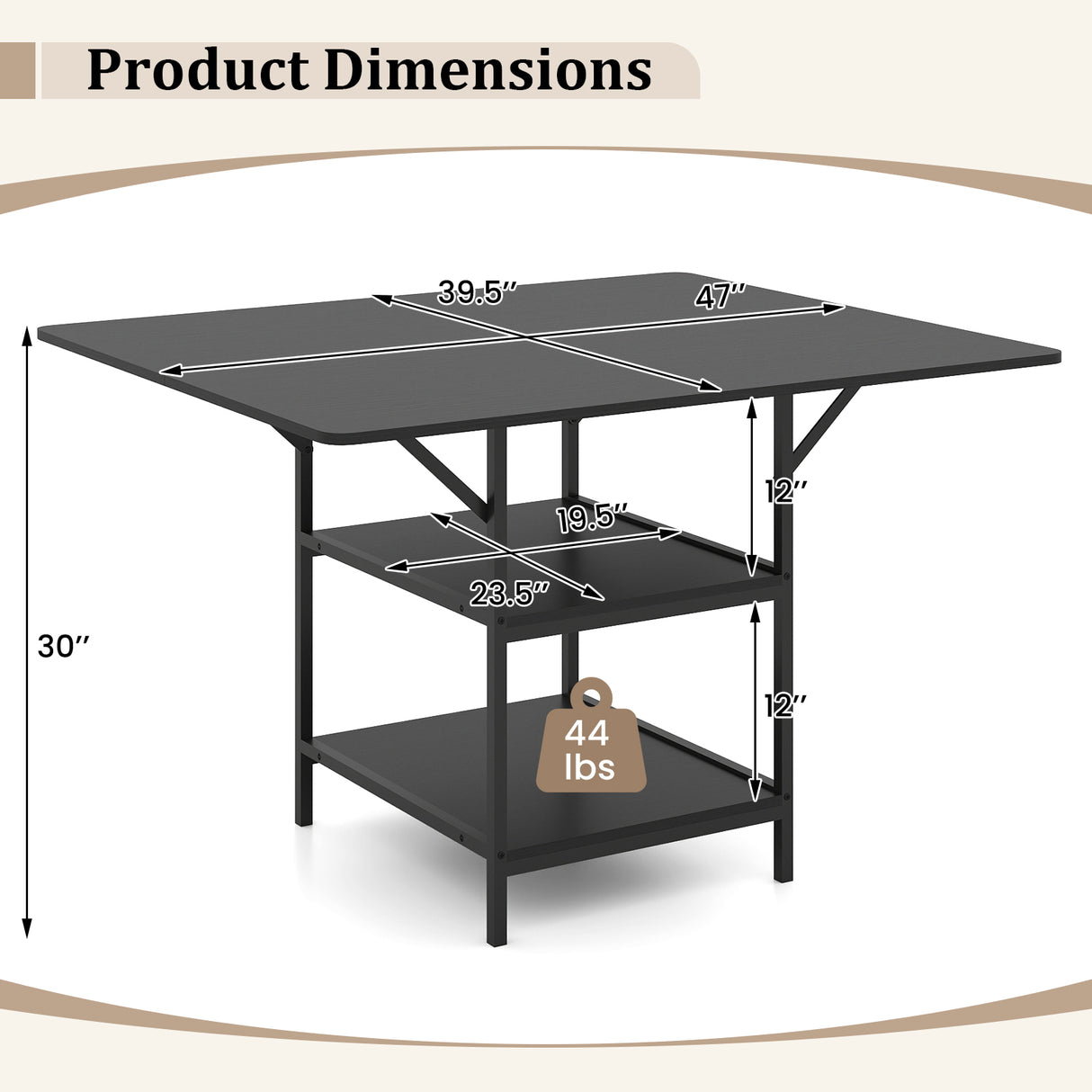 47 Inch Rectangular Dining Table with 2 Open Storage Shelves and Sturdy Metal Legs for 4-6-Black costway3