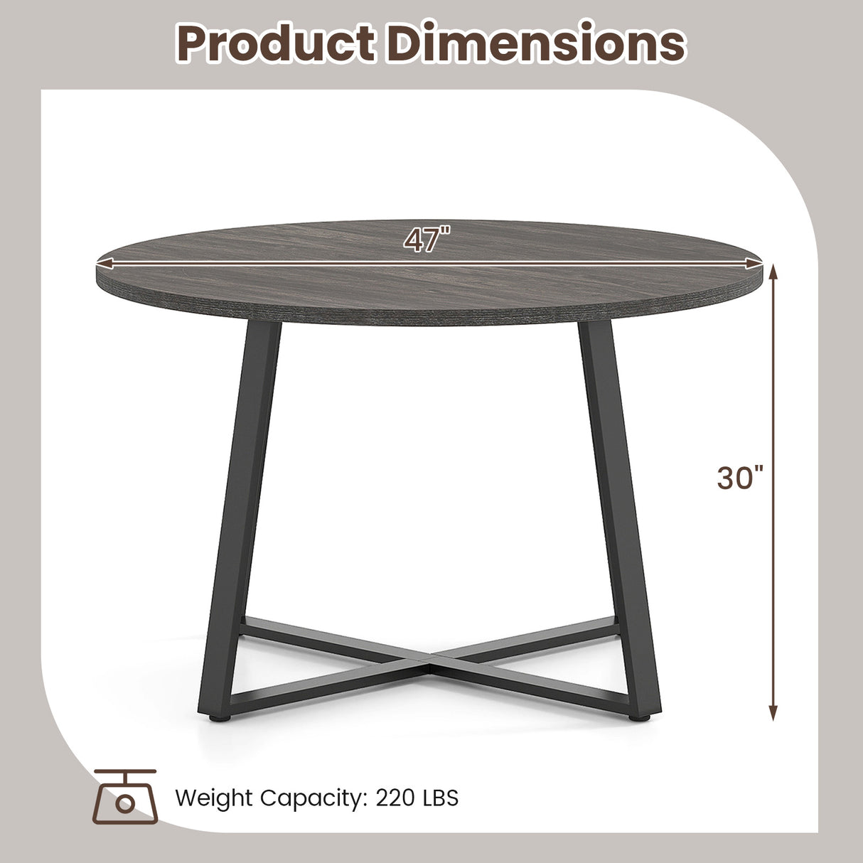 47 Inch Round Dining Table with Stable X-shaped Base and Round Thickened Tabletop-Grey