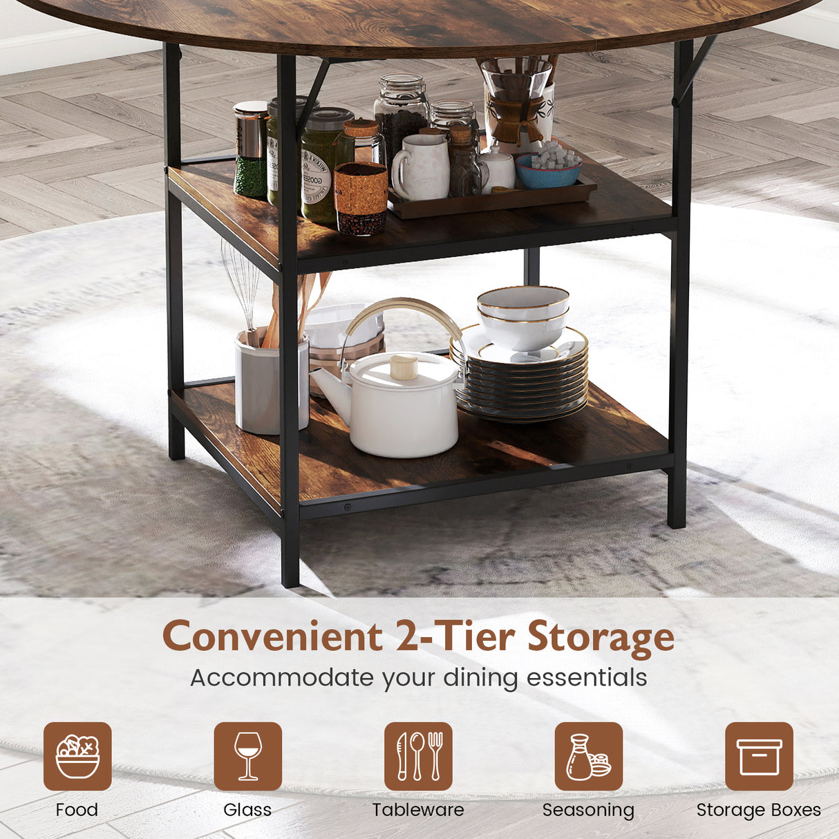 47 Inch Round Dining Table for 4-6 People Large Kitchen Table with 2-Tier Storage Shelves-Rustic Brown