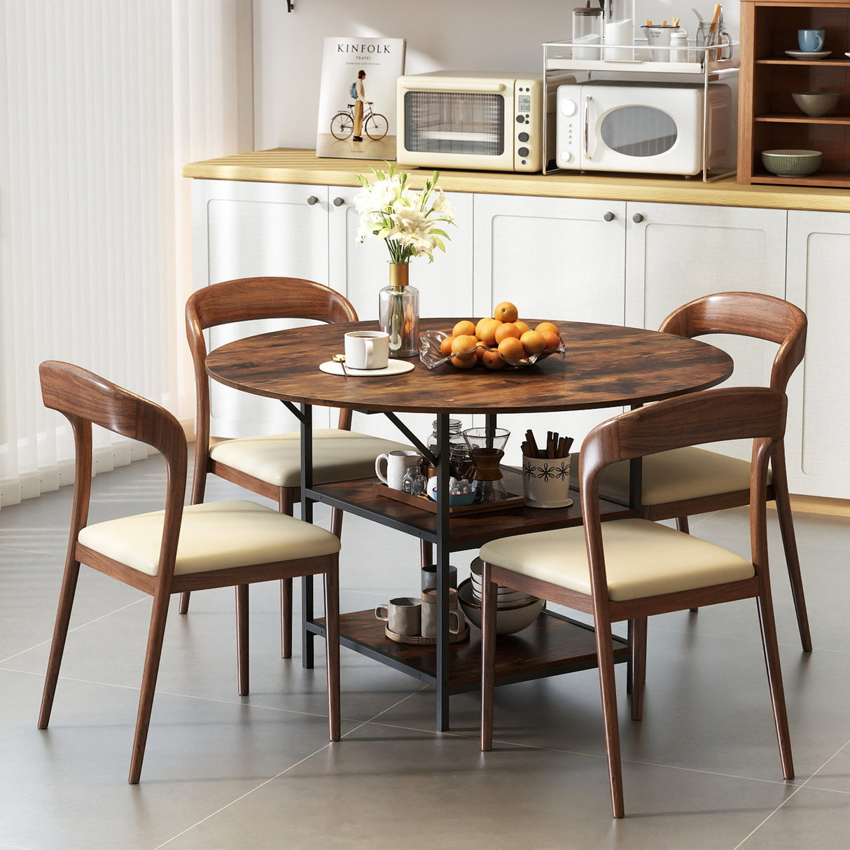 47 Inch Round Dining Table for 4-6 People Large Kitchen Table with 2-Tier Storage Shelves-Rustic Brown