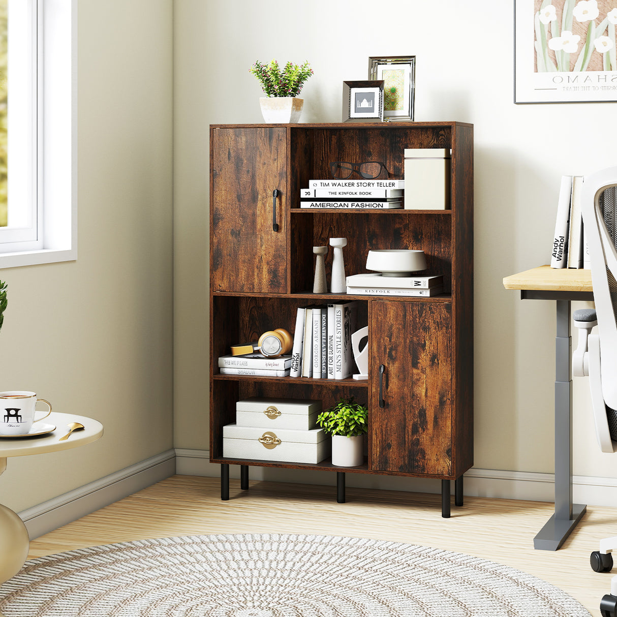 47 Inch Storage Cabinet Freestanding Bookcase with 2 Doors and 4 Open Shelves-Rustic Brown