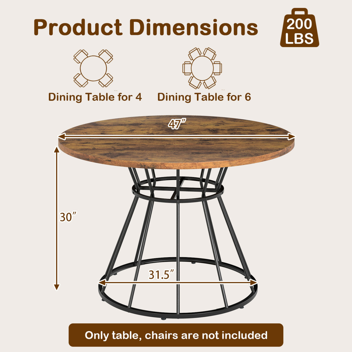 47 Inches Round Dining Table for 4 Farmhouse Kitchen Table with Wooden Tabletop-Brown