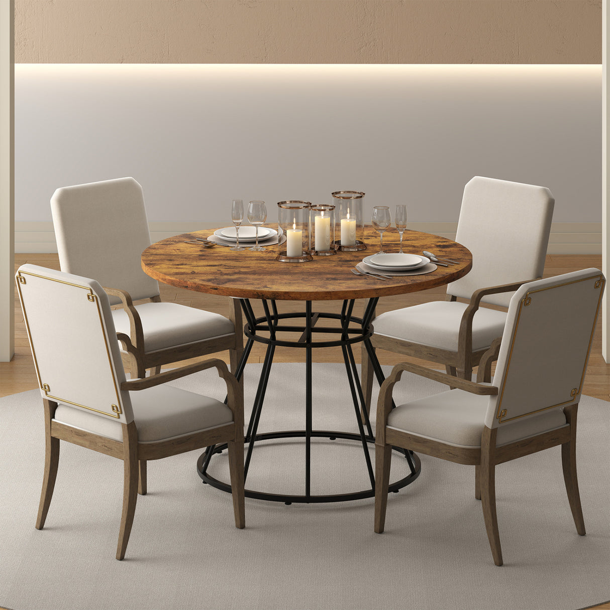 47 Inches Round Dining Table for 4 Farmhouse Kitchen Table with Wooden Tabletop-Brown