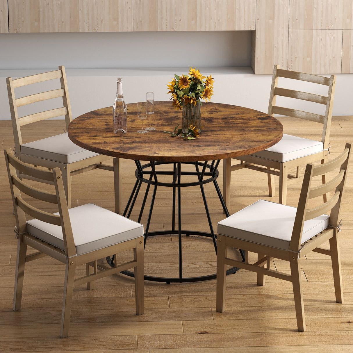 47 Inches Round Dining Table for 4 Farmhouse Kitchen Table with Wooden Tabletop-Brown