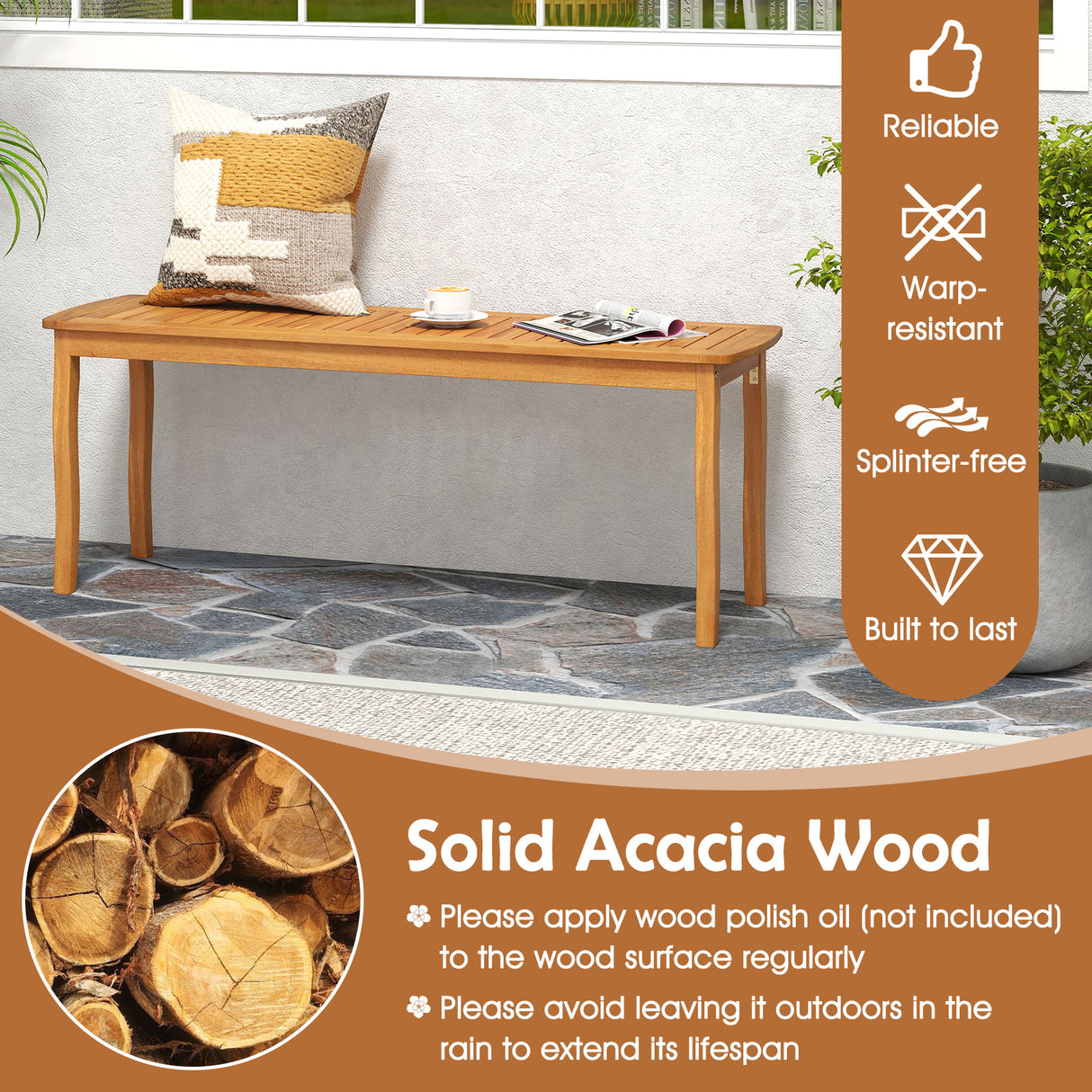 Acacia Wood Outdoor 48" Long Patio Dining Bench-1 Pieces