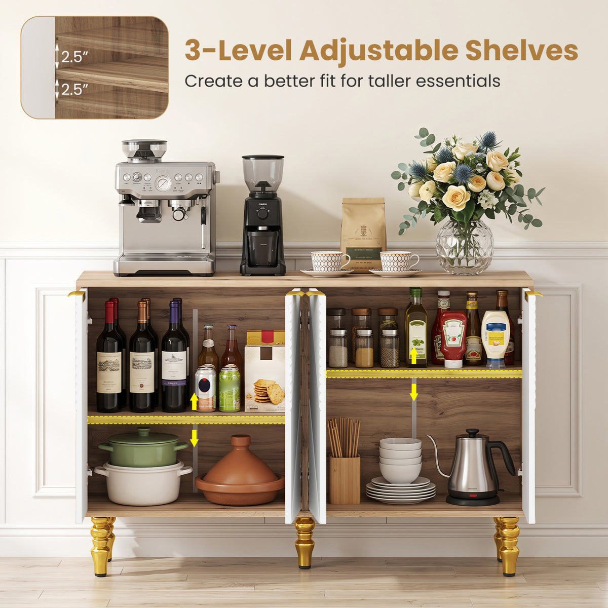 47" Sideboard Buffet Cabinet with 4 Chevron Fluted Doors & Anti-Toppling Devices for Kitchen-Natural