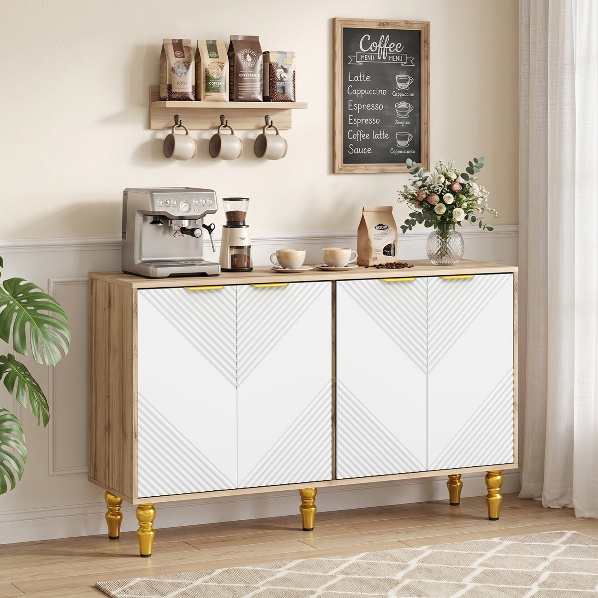 47" Sideboard Buffet Cabinet with 4 Chevron Fluted Doors & Anti-Toppling Devices for Kitchen-Natural