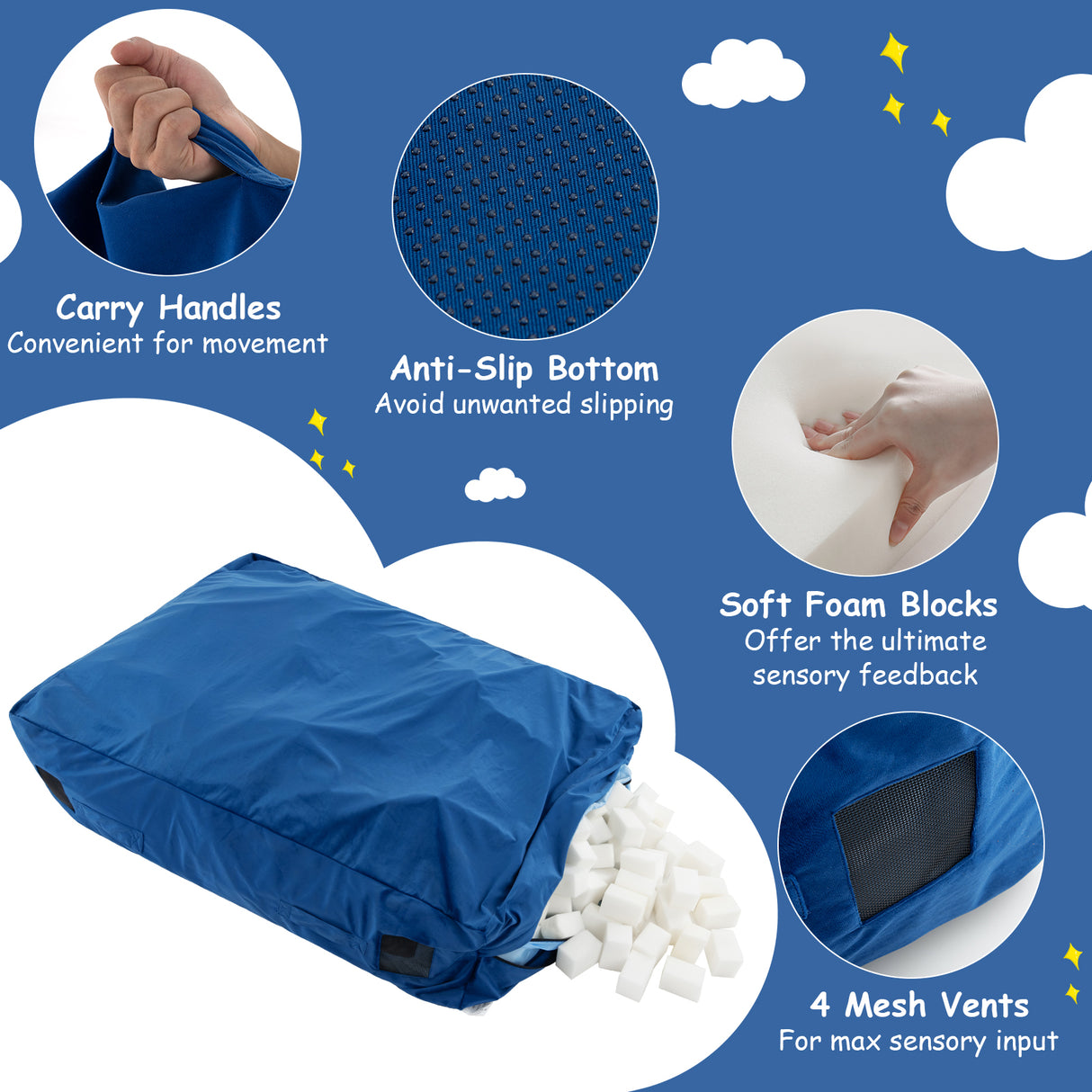 47 x 35.5 Inch Crash Pad Sensory Mat with Foam Blocks and Washable Cover-Blue