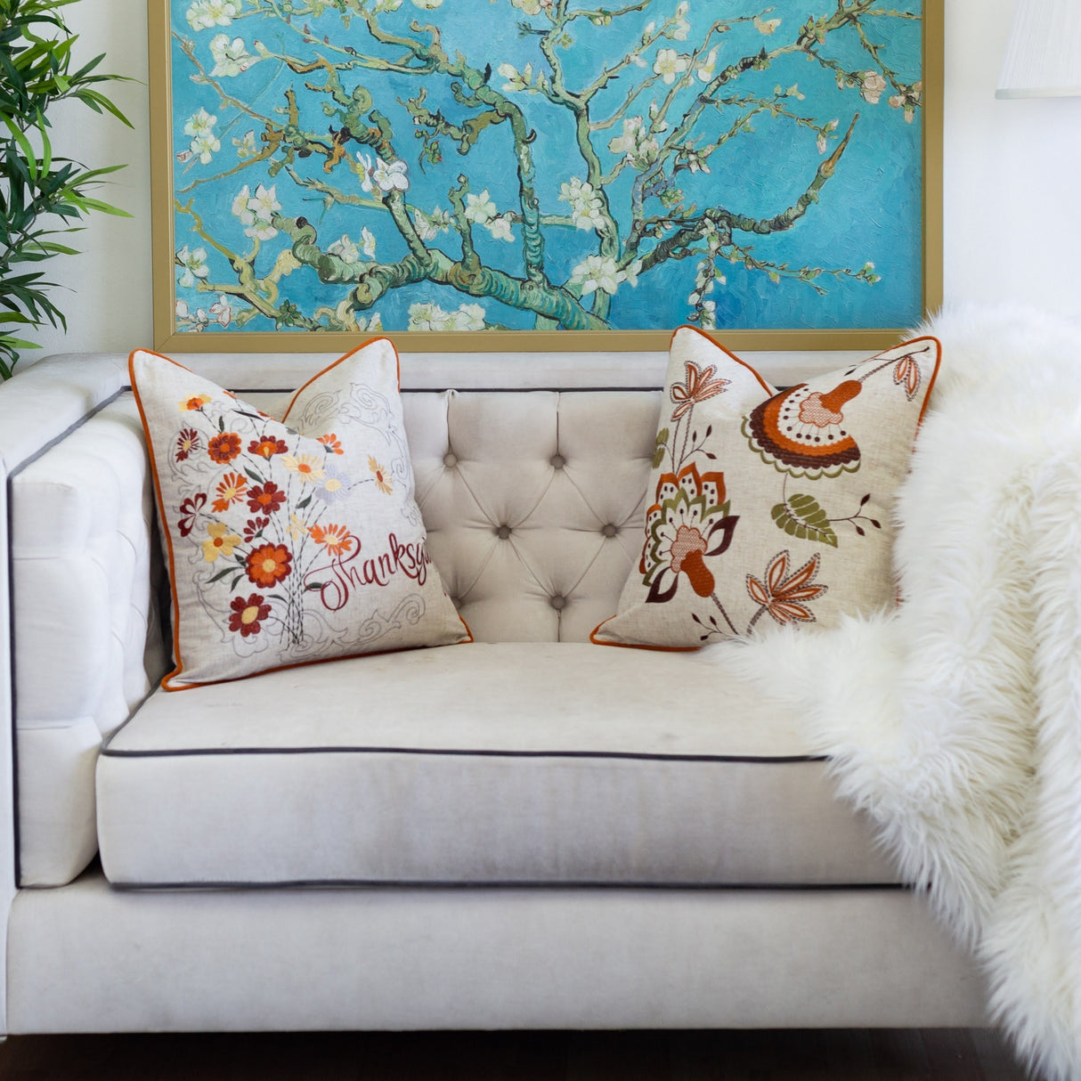 Thanksgiving Embroidered Floral Throw Pillow