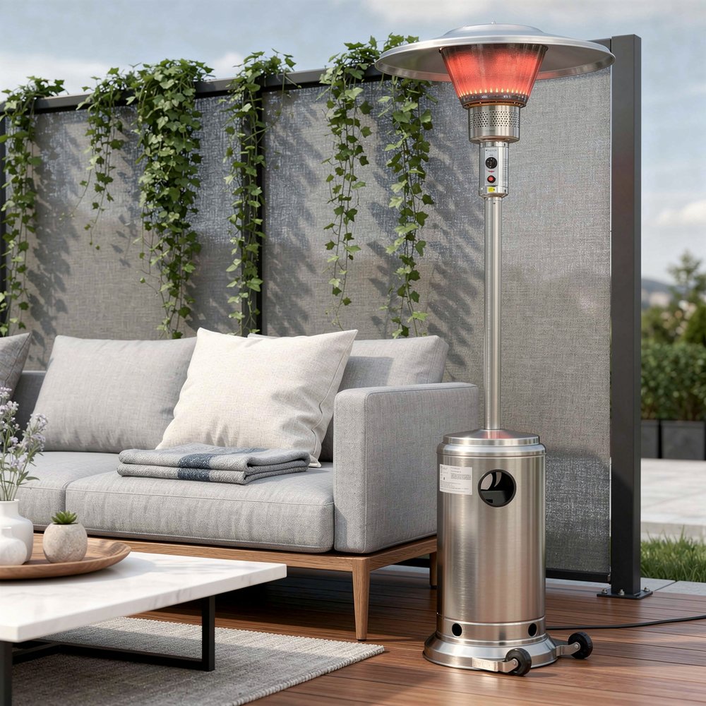 40000 BTU Silver Steel Propane Cylindrical Pole Standing Patio Heater