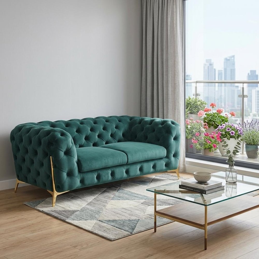 74" Emerald And Gold Velvet Loveseat