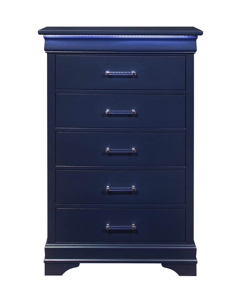 32" Blue Wood Lighted Five Drawer Dresser