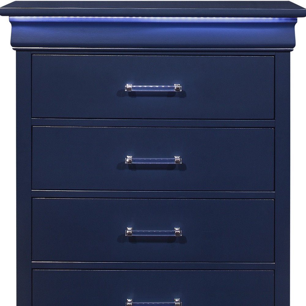 32" Blue Wood Lighted Five Drawer Dresser