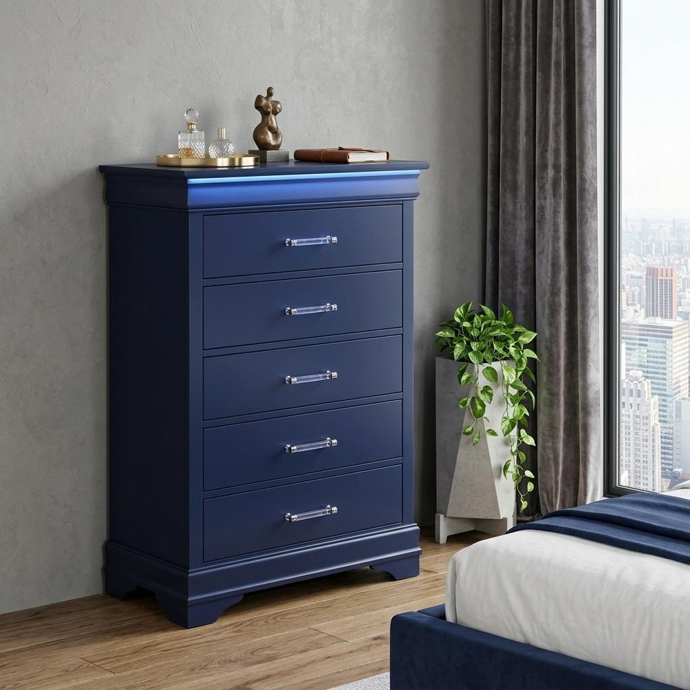 32" Blue Wood Lighted Five Drawer Dresser