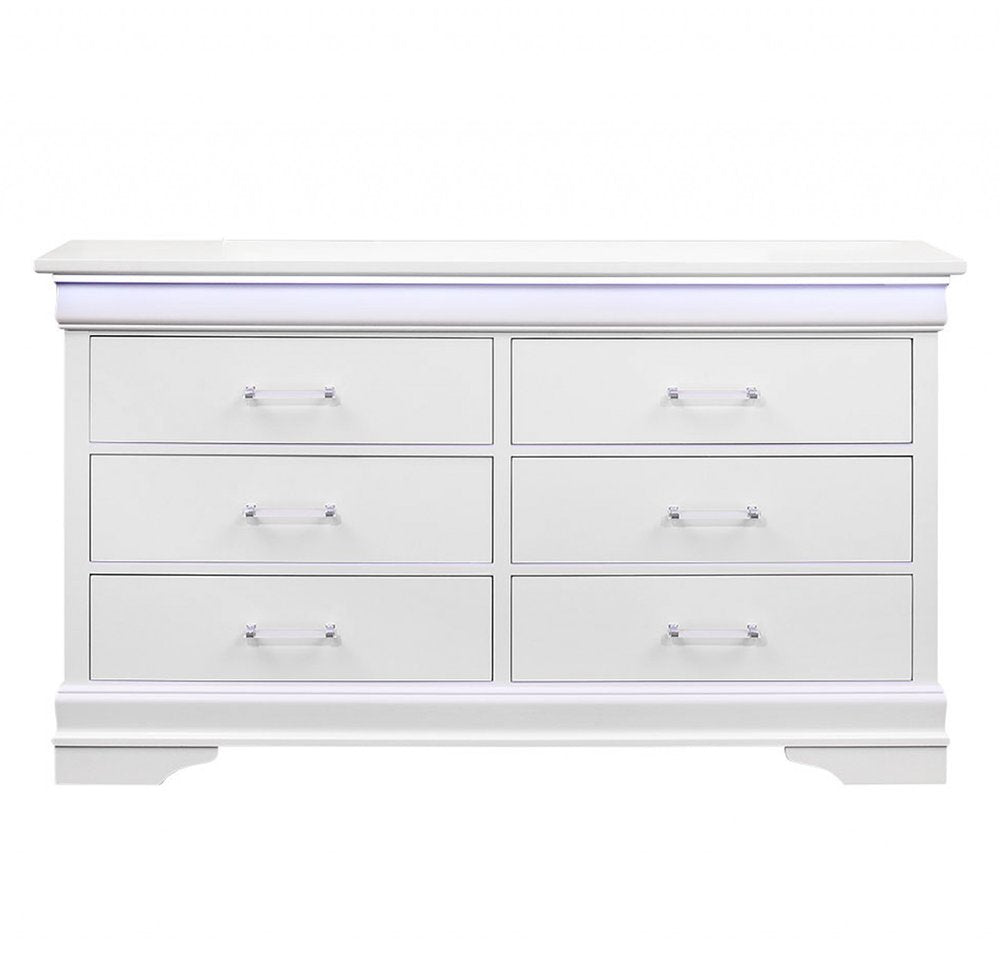 59" White Solid Wood Lighted Six Drawer Double Dresser