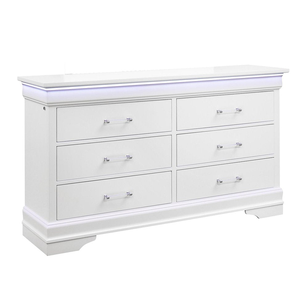 59" White Solid Wood Lighted Six Drawer Double Dresser