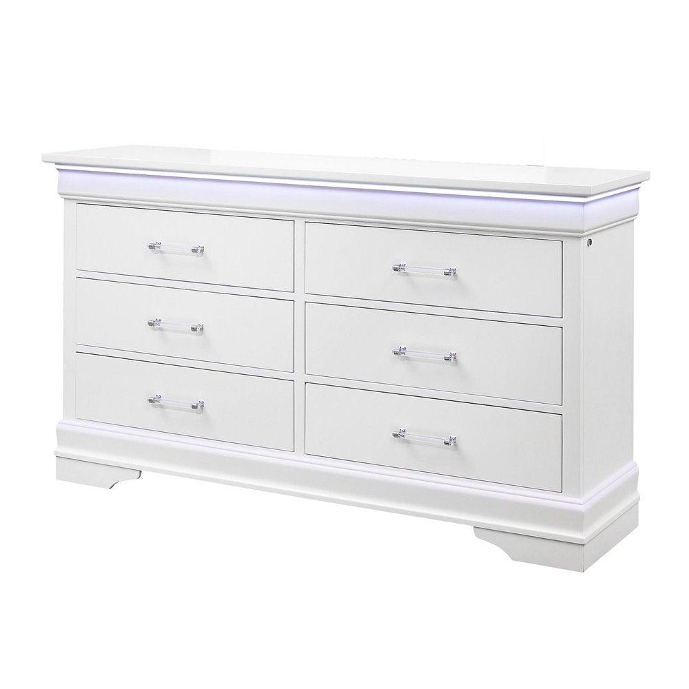 59" White Solid Wood Lighted Six Drawer Double Dresser