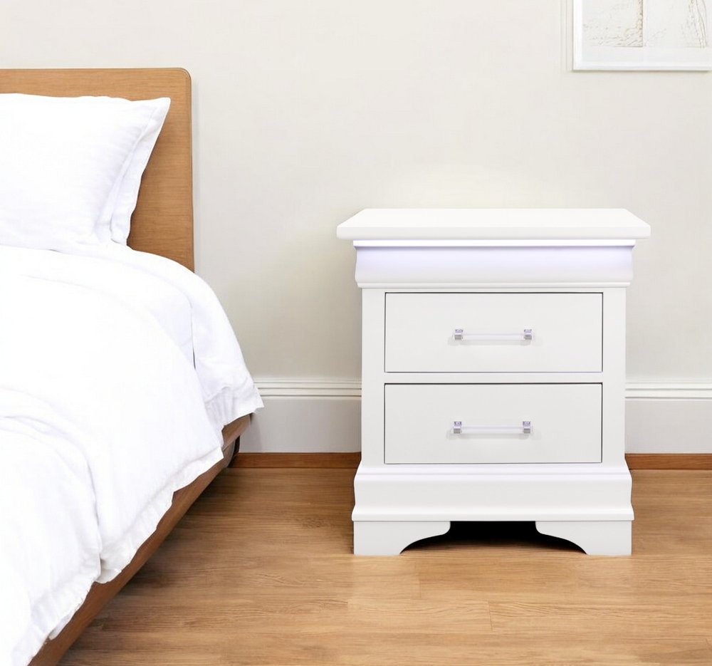 24" White Wood Lighted Two Drawer Nightstand