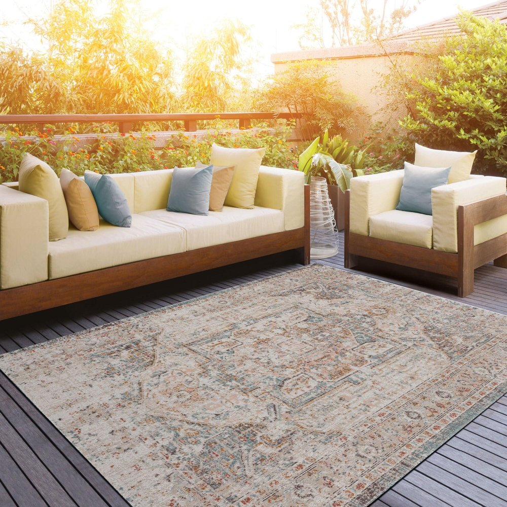 5' X 8' Beige Abstract Stain Resistant Indoor Outdoor Area Rug