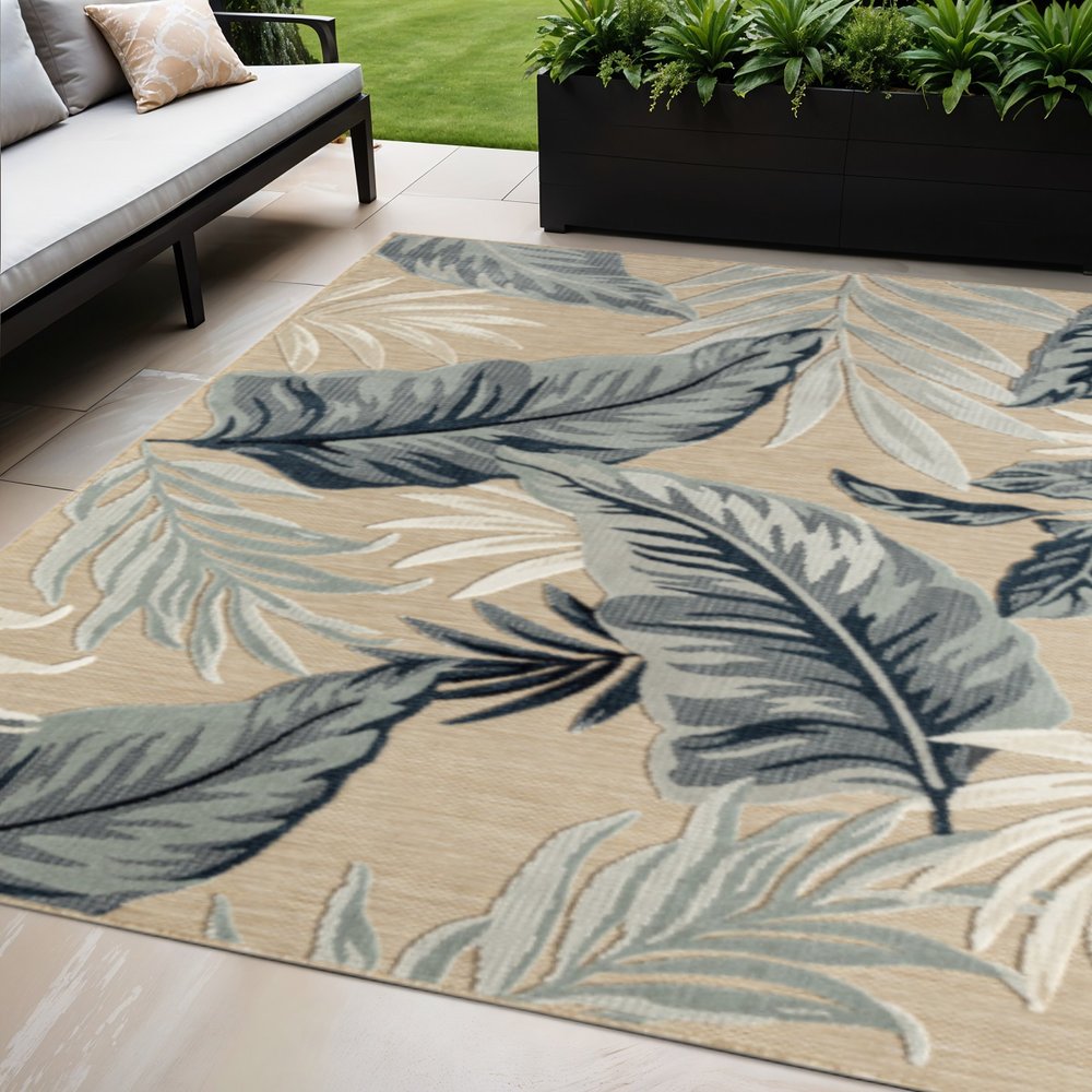 5' X 7' Blue And Beige Indoor Outdoor Area Rug