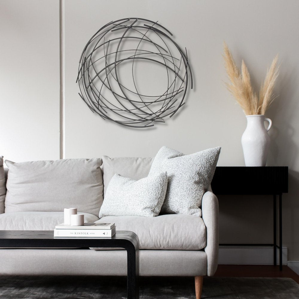 26" X 26" Black Metal Abstract Lines Round Hanging Dimensional Sculpture