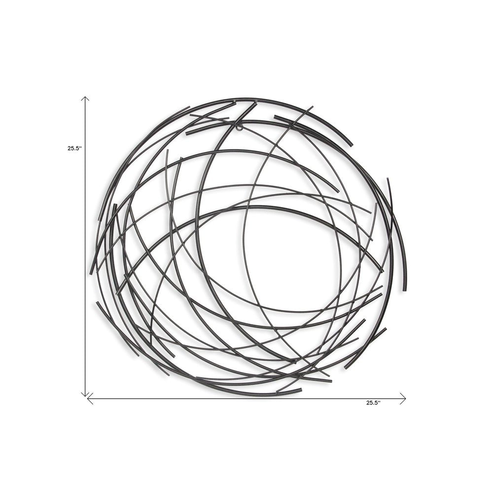 26" X 26" Black Metal Abstract Lines Round Hanging Dimensional Sculpture