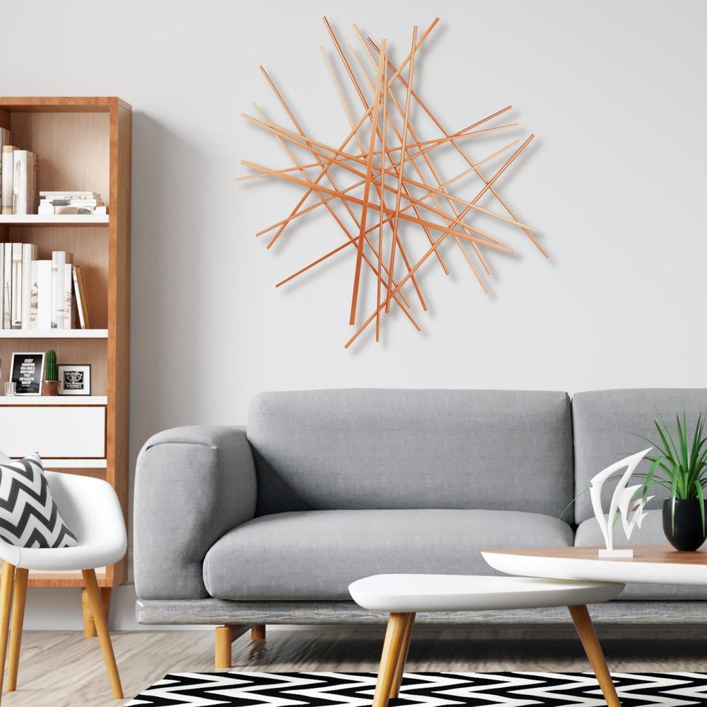 35" X 34" Rose Gold Metal Abstract Lines Hanging Dimensional Sculpture