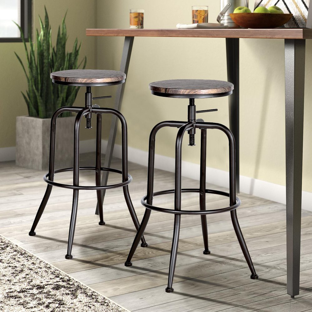 Set of Two Brown And Black Solid Wood And Steel Backless Counter Height Swivel Bar Chairs