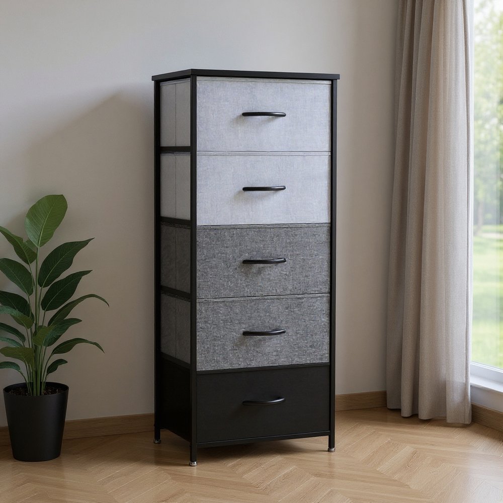 18" Gray and Black Steel and Fabric Five Drawer Chest